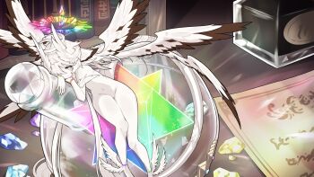 1girl barefoot blue_gemstone book closed_mouth feathered_wings feet_out_of_frame flask gem grey_eyes groin hair_over_one_eye halo highres indoors kazana_(sakuto) long_hair looking_at_viewer mini_person minigirl navel nude original purple_gemstone rainbow_gradient round-bottom_flask smile solo very_long_hair white_hair white_wings wings