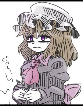 1girl ascot blonde_hair bow dress hair_between_eyes hat long_sleeves maribel_hearn medium_hair mob_cap puffy_long_sleeves puffy_sleeves purple_dress purple_eyes sash simple_background solo stomach_growling suenari_(peace) touhou unhappy white_background white_hat