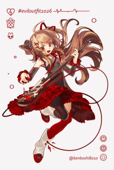 Rule 34 | :d, absurdres, ahoge, alternate costume, black arm warmers, black dress, black nails, black scrunchie, boots, broken heart, brown hair, buttons, cable, cardiogram, cardiogram print, collarbone, commentary, dress, english commentary, evil neuro-sama, fang, floating clothes, floating hair, frilled arm warmers, frilled dress, frills, full body, guitar, hair intakes, hair ornament, hair ribbon, hashtag, heart, highres, instrument, leg up, lightning bolt symbol, long hair, looking at viewer, music, neck ribbon, neuro-sama, open mouth, playing guitar, playing instrument, pleated dress, power symbol, red dress, red eyes, red ribbon, red thighhighs, ribbon, scrunchie, see-through clothes, see-through sleeves, sidelocks, simple background, single leg pantyhose, single thighhigh, skull hair ornament, smile, ssbaby, thighhighs, turtle, twitter username, two-tone dress, two side up, v-shaped eyebrows, vedal ai, very long hair, virtual youtuber, white background, white boots, x hair ornament