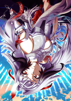 1girl absurdres alternate_form animal_ear_fluff animal_ears armlet black_hair black_shoes bracelet breasts china_dress chinese_clothes closed_mouth commentary dress droopy_ears english_commentary floating floating_object floating_sword floating_weapon gradient_hair hairband highres holding holding_sword holding_weapon jewelry leg_tattoo long_hair looking_at_viewer medium_breasts metal_bracelet multicolored_hair pelvic_curtain qingming_sword red_eyes red_hair see-through_horns shoes silver_armlet silver_bracelet solo sword tattoo upside-down valerio_fidanza very_long_hair weapon white_dress white_hair white_hairband ye_shunguang zenless_zone_zero