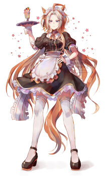 Rule 34 | ahoge, animal ears, apron, blue eyes, breasts, brown neckerchief, brown shirt, brown skirt, coco's, commentary request, ear covers, hair between eyes, highres, holding, holding tray, horse ears, horse girl, horse tail, long hair, looking at viewer, maid headdress, medium breasts, multicolored hair, neckerchief, orange hair, orfevre (umamusume), puffy short sleeves, puffy sleeves, shirt, shoes, short sleeves, single ear cover, skirt, star (symbol), tail, thighhighs, tray, two-tone hair, umamusume, waist apron, waitress, white apron, white hair, white thighhighs, white wrist cuffs, wrist cuffs, yue (lov n n), zettai ryouiki
