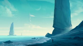 1other ambiguous_gender artist_name beach commentary day english_commentary floating_city grand_scale highres horizon moon mountain ocean original outdoors scenery science_fiction signature simple_bird very_wide_shot walking wopgnop