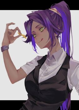 1girl 2024 bleach breasts dark-skinned_female dark_skin female_focus food french_fries hair_ornament highres large_breasts licking_lips long_hair parted_bangs ponytail purple_hair shihouin_yoruichi tongue tongue_out ui_1231 yellow_eyes