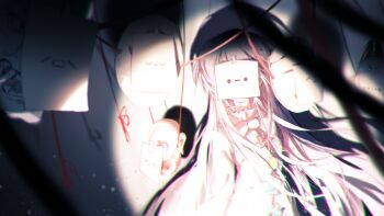 1girl bow bowtie buttons chinese_commentary chromatic_aberration commentary_request facing_viewer hata_no_kokoro highres ko-omote_mask long_hair long_sleeves mask plaid_clothes plaid_shirt shadow shirt solo spotlight t0nys touhou very_long_hair