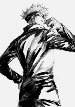 1boy blindfold closed_mouth commentary_request cowboy_shot from_behind gojou_satoru greyscale hand_on_own_hip highres jujutsu_kaisen jujutsu_tech_uniform kuwoniagyu11112 long_sleeves male_focus monochrome pants short_hair simple_background smile solo spiked_hair standing white_background