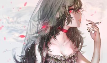 1girl addiction black_hair black_nails bleeding blood blurry blurry_background breasts bridal_veil choker cigarette cleavage closed_mouth depth_of_field dress english_text fingernails from_side hair_between_eyes hand_up highres holding holding_cigarette hoojiro large_breasts long_hair looking_at_viewer looking_to_the_side nail_polish original red_choker red_eyes smoke solo symbolism veil