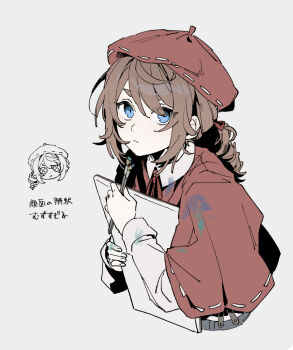 1boy androgynous beret blue_eyes brown_hair canvas_(object) capelet edgar_valden hat holding holding_brush holding_paintbrush identity_v long_sleeves paint paint_on_body paint_on_clothes paint_on_fingers paint_stains paintbrush ponytail red_capelet shirt single_drill sinzourrrrr trap white_shirt