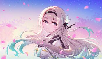 1girl absurdres aqua_bow aqua_bowtie aqua_hair artist_name black_sailor_collar bow bowtie breasts commentary_request ermu_(enmmm) fireflies firefly_(honkai:_star_rail) firefly_(spring_missive)_(honkai:_star_rail) floating_hair from_side gradient_eyes gradient_hair gradient_sky grey_hair hair_between_eyes hair_intakes hair_ornament headband highres honkai:_star_rail honkai_(series) light_particles long_hair long_sleeves looking_at_viewer medium_breasts multicolored_eyes multicolored_hair official_alternate_costume outdoors pink_petals purple_eyes sailor_collar school_uniform serafuku sidelocks sky smile solo tree upper_body very_long_hair white_trim