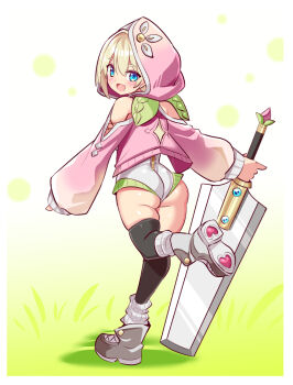 1girl ass bare_shoulders blonde_hair blue_eyes blush boots cougar_(cougar1404) from_behind greatsword hood leotard looking_at_viewer looking_back open_mouth original short_hair smile solo sword thighhighs weapon