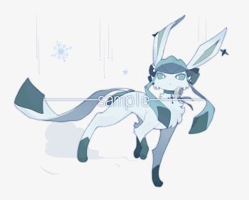 animal_focus aqua_choker aqua_sclera chinese_commentary choker colored_sclera commentary_request commission flower frown full_body gen_4_pokemon glaceon grey_flower highres kamier586 leg_up looking_at_viewer neck_flower neck_ribbon nintendo no_humans original pokemon pokemon_(creature) pokemon_focus ribbon sample_watermark simple_background snowflakes solo standing watermark white_background white_eyes