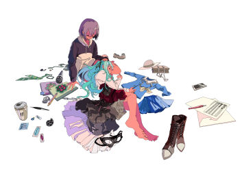1136277196 2girls bag bandaid bang_dream! bang_dream!_it&#039;s_mygo!!!!! barefoot black_hoodie black_ribbon blue_hair boots can cellphone closed_eyes commentary domino_mask drawstring dress eye_mask full_body grey_hair grey_shirt hair_ribbon hand_on_another&#039;s_head highres hood hoodie lap_pillow ligne_claire long_hair long_sleeves lying mask microphone multiple_girls necktie notebook on_side pen pencil_skirt phone ribbon score shirt shoes short_hair simple_background sitting skirt smartphone sticker takamatsu_tomori toes togawa_sakiko unworn_bag unworn_boots unworn_dress unworn_headwear unworn_mask unworn_necktie unworn_shoes unworn_skirt white_background white_shirt