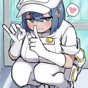 1girl aether_foundation aether_foundation_employee aether_foundation_employee_(female) blush bo_(bocky0w0) breasts dark-skinned_female dark_skin fellatio_gesture gloves handjob_gesture hat heart large_breasts lowres naughty_face nintendo pokemon pokemon_sm short_hair smile solo spoken_heart squatting thighhighs white_gloves