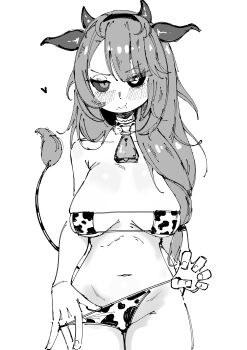 1girl absurdres animal_ears animal_print bell bikini bikini_bottom_pull breasts colored_sclera commentary cow_ears cow_girl cow_horns cow_print cow_tail cowbell crelly froq_art grey_sclera heterochromia highres horns indie_virtual_youtuber long_hair mismatched_sclera monochrome swimsuit tail virtual_youtuber