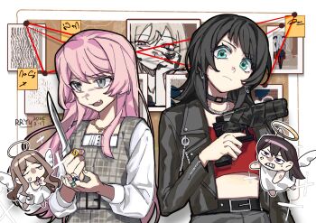4girls absurdres angel angel_wings artist_name bandaid bandaid_on_hand bang_dream! bang_dream!_it&#039;s_mygo!!!!! belt black_belt black_choker black_hair black_jacket blue_eyes brown_hair bulletin_board chibi chihaya_anon chinese_commentary choker closed_mouth commentary_request cropped_shirt dated dress evidence_board fang furrowed_brow grey_dress grey_eyes gun halo highres holding holding_gun holding_knife holding_weapon jacket jewelry knife leather leather_jacket long_hair long_sleeves looking_at_viewer medium_hair multiple_girls nagasaki_soyo necklace open_mouth paper photo_(object) pinafore_dress pink_hair purple_eyes red_shirt rryy shiina_taki shirt sidelocks sleeveless sleeveless_dress smile sparkle sticky_note weapon white_shirt wings yahata_umiri