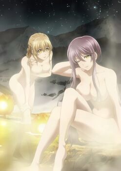 2010s 2girls arm_behind_head bath bathing blush braid breasts brown_hair censored convenient_censoring covering_breasts covering_privates goblin_slayer! guild_girl_(goblin_slayer!) large_breasts light_brown_hair long_hair mole mole_under_eye multiple_girls navel night nipples nude_filter onsen outdoor_bath outdoors purple_hair same-sex_bathing shared_bathing single_braid sitting sky smile snow standing third-party_edit witch_(goblin_slayer!) yellow_eyes