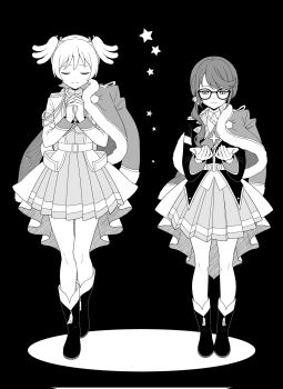 2girls :| aiguillette ankle_socks belt belt_buckle black_background black_boots black_jacket black_socks boots buckle closed_eyes closed_mouth collared_jacket collared_shirt daiba_nana epaulettes facing_viewer flipped_bangs full_body fur-trimmed_jacket fur_trim glasses hair_ribbon half-closed_eyes hands_up high_contrast highres hoshimi_junna interlocked_fingers jacket jacket_on_shoulders kashima_momoki lapels long_hair long_sleeves looking_at_object looking_down low_side_ponytail miniskirt multiple_girls notched_lapels object_floating_above_hand own_hands_clasped own_hands_together pleated_skirt praying ribbon sash shadow shirt short_hair shoujo_kageki_revue_starlight shoulder_sash sidelocks simple_background single_horizontal_stripe skirt smile socks spotlight standing star_(symbol) straight-on tassel two_side_up waist_cape walking white_background white_jacket white_socks