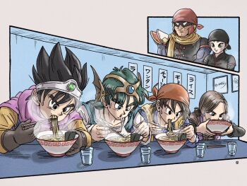 arms_(game) bandana bowl captain_falcon crossover dragon_quest eating f-zero food hero_(dq11) hero_(dq4) hero_(dq8) highres min_min_(arms) nintendo noodles ramen roto_(dq3) square_enix super_smash_bros. yuto_sakurai