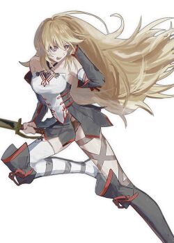 1girl blonde_hair floating_hair highres holding holding_weapon long_hair milla_maxwell milla_maxwell_(tox2) open_mouth red_eyes simple_background solo tales_of_(series) tales_of_xillia tales_of_xillia_2 teeth to37492 upper_teeth_only very_long_hair weapon white_background