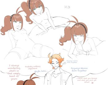 1girl angry bare_shoulders blush breasts commentary cowgirl_position doubled_(md_doubled) english_commentary english_text fellatio flat_chest green_eyes highres imagining kiss long_hair ludivine_(nyantcha) nintendo nipples non-web_source nude oral orange_hair penis pokemon pussy riding sex small_breasts speech_bubble straddling urbain_(pokemon)