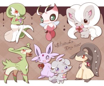 akuasu alternate_color blush bob_cut box candy celebi chocolate chocolate_heart cinccino colored_skin dress espeon espurr extra_mouth food forehead_jewel gardevoir gen_2_pokemon gen_3_pokemon gen_5_pokemon gen_6_pokemon gift green_eyes green_hair green_skin grey_fur heart heart-shaped_box heart-shaped_food highres legendary_pokemon mawile multicolored_skin mythical_pokemon nintendo open_mouth pink_eyes pink_skin pokemon pokemon_(creature) purple_eyes purple_fur shiny_pokemon smile two-tone_skin valentine virizion white_dress white_skin yellow_skin