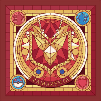 Rule 34 | border, character name, commentary, commentary request, english commentary, gen 8 pokemon, great ball, highres, legendary pokemon, mixed-language commentary, nintendo, no humans, pluto.m, poke ball, pokemon, pokemon (creature), red border, shield, stained glass, wolf, zamazenta