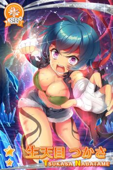 1girl aqua_hair bandaged_hand bandages bent_over black_jacket blue_shorts bob_cut breasts cave character_name cleavage clenched_hand commentary_request crop_top crystal cuts denim denim_shorts dot_nose fingernails fur-trimmed_shorts fur_trim glowing_fist grimoire_~shiritsu_grimoire_mahou_gakuen~ headband incoming_attack incoming_punch injury jacket large_breasts looking_at_viewer midriff nabatame_tsukasa official_art open_clothes open_jacket open_mouth punching purple_eyes red_footwear red_headband shards short_hair short_shorts shorts solo stalactite sweat teeth torn_clothes torn_jacket unzipped