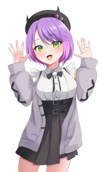 1girl :d absurdres belt belt_buckle beret black_belt black_hat black_skirt blush breasts buckle cardigan commentary_request cowboy_shot ear_piercing fake_horns green_eyes grey_cardigan hair_ornament hands_up hat high-waist_skirt highres hololive horned_headwear horns long_sleeves looking_at_viewer multicolored_hair open_cardigan open_clothes open_mouth piercing purple_hair ramkilog shirt short_hair simple_background skirt smile solo streaked_hair tokoyami_towa tokoyami_towa_(jirai_kei) virtual_youtuber white_background white_shirt x_hair_ornament