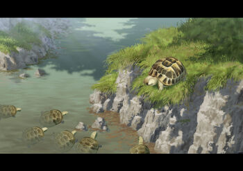 absurdres animal animal_focus canal day grass highres nature no_humans original scenery sumassha_t_t tortoise turtle