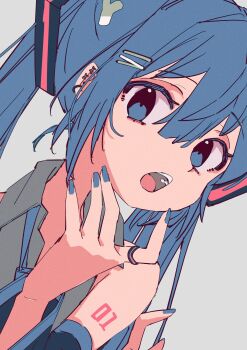 1girl 3774. blue_eyes blue_hair blue_nails grey_background hair_between_eyes hair_ornament hairclip hatsune_miku highres jewelry nail_polish necktie open_mouth ring shirt simple_background solo teeth tongue twintails vocaloid