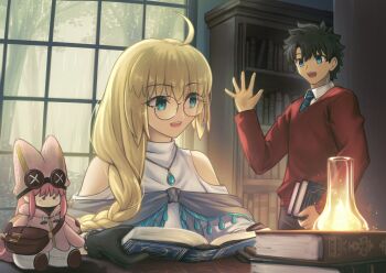 1boy 1girl aesc_(fate) aesc_(rain_witch)_(fate) aesc_(satellite_station_24-25)_(fate) ahoge black_gloves black_hair black_pants blue_eyes book bookshelf braid capelet character_doll collared_shirt commentary_request commission doll fate/grand_order fate_(series) forest fujimaru_ritsuka_(male) glasses gloves habetrot_(fate) holding holding_book hood hoodie indoors jewelry long_hair looking_at_another multicolored_capelet nature necklace necktie open_mouth pants pink_hair pink_hoodie pixiv_commission pointy_ears potion red_sweater revision round_eyewear shirt shoori_(migiha) short_hair sidelocks sweater table turtleneck white_pants white_shirt