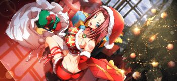 1girl artist_request ass back bare_shoulders belt black_boots blue_eyes body_markings boots bow box breasts butt_crack choker christmas christmas_ornaments christmas_tree cleavage code_geass code_geass:_lost_stories collarbone crop_top dimples_of_venus dutch_angle elbow_gloves facial_mark female_focus from_behind full_body fur-trimmed_gloves fur-trimmed_headwear fur-trimmed_shirt fur-trimmed_shorts fur_trim game_cg gift gift_box gloves green_bow hair_intakes hand_up happy hat heart high_heels highleg highleg_panties highres holding holding_box holding_sack incoming_gift indoors knee_boots kouzuki_kallen large_breasts leg_ribbon legs_together looking_at_viewer looking_back midriff non-web_source official_art open_mouth panties plaid_clothes plaid_shirt pom_pom_(clothes) red_gloves red_hair red_hat red_ribbon red_shirt red_shorts ribbon sack santa_hat shirt short_hair short_shorts shorts sidelocks single_thighhigh sleeveless sleeveless_shirt smile solo sparkle squatting star_(symbol) string_panties thighhighs underwear white_choker white_panties white_thighhighs window yellow_bow zipper