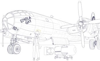 1girl aircraft airplane atomic_bombings_of_hiroshima_and_nagasaki b-29 b-29_superfortress blue_archive bomber enola_gay_(b-29_superfortress) flight_suit hibiki_(blue_archive) highres little_boy_(nuclear_bomb) mikanjam military_vehicle monochrome nuclear_weapon propeller sketch standing unfinished weapon_of_mass_destruction world_war_ii