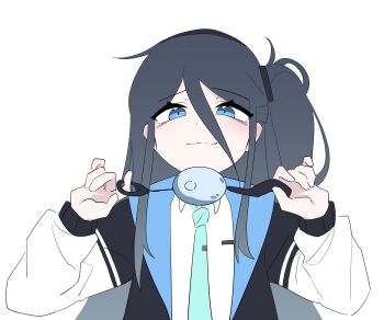 1girl absurdres aki_(user_zscy4544) aris_(blue_archive) bags_under_eyes black_hair black_hairband black_jacket blue_archive blue_eyes blue_jacket blue_necktie collared_shirt commentary_request crime_prevention_buzzer crime_prevention_buzzer_threat hairband half-closed_eyes halo highres holding jacket long_bangs long_hair long_sidelocks looking_at_viewer multicolored_jacket necktie one_side_up open_clothes open_jacket shirt shukusei!!_loli-kami_requiem sidelocks smug solo two-sided_fabric two-sided_jacket two-tone_jacket upper_body white_background white_jacket white_shirt white_sleeves