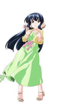 1girl animal_ears anime_coloring black_hair breasts cleavage closed_mouth cropped_jacket dog_ears dress extra_ears floppy_ears full_body game_asset green_dress hair_ribbon hands_up highres hiiragi_mako jacket large_variant_set layered_clothes long_dress long_hair long_sleeves mahotama maki_daikichi medium_breasts official_art open_hands orange_eyes pink_sash raised_inner_eyebrows ribbon sandals sash simple_background solo standing sweat tachi-e tareme third-party_source transparent_background variant_set visual_novel_cg yellow_jacket