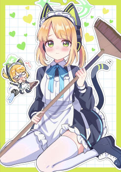 1girl ^^^ absurdres accident animal_ear_headphones animal_ears apron black_boots black_dress blue_archive blunt_bangs blush boots border broom bucket cat_ear_headphones cat_ears cat_tail chibi chibi_inset closed_mouth commentary dress expressive_tail eyelashes fake_animal_ears fake_tail frilled_dress frills frown full_body green_border green_eyes green_halo halo headphones heart highres holding holding_broom long_sleeves looking_at_viewer low_ponytail maid maid_headdress medium_hair midori_(blue_archive) midori_(maid)_(blue_archive) o_o official_alternate_costume official_alternate_hairstyle outside_border papiko_(mochipapiko) ponytail puffy_long_sleeves puffy_sleeves sidelocks simple_background sitting solo split_mouth tail tail_raised tareme tearing_up thighhighs thighs wariza white_apron white_background white_thighhighs zettai_ryouiki
