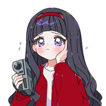 1girl blunt_bangs blush camcorder camera cardcaptor_sakura cardigan closed_mouth daidouji_tomoyo flying_sweatdrops hairband hand_on_own_cheek hand_on_own_face highres holding holding_camera long_hair purple_eyes red_cardigan red_hairband simple_background solo upper_body video_camera white_background worried yalmyu