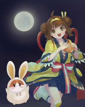 Rule 34 | 1girl, :d, absurdres, animal costume, black background, black skirt, blush, bow, bracelet, brown eyes, brown hair, burger, collarbone, commentary request, double bun, food, french fries hair ornament, full moon, gold bracelet, gold hairband, hair bun, hairband, hamster, highres, holding, holding burger, holding food, imadake dabuchi tabesuke, imadake tsukimi tabemi, jacket, japanese clothes, jewelry, knee pads, leg warmers, mcdonald's, mizore akihiro, moon, okobo, open mouth, platform sandals, rabbit costume, red bow, red sandals, sandals, short hair, short sleeves, skirt, smile, socks, solo, striped bow, striped clothes, tabi, tsukimi burger, white leg warmers, white socks, yellow jacket