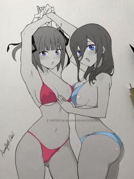 Rule 34 | 2girls, animanghayo, arms up, art tools in frame, ass, bikini, blue bikini, blue eyes, blunt bangs, breasts, commentary, covered erect nipples, eyebrows hidden by hair, gluteal fold, go-toubun no hanayome, greyscale, highres, medium breasts, millipen (medium), mixed media, monochrome, multiple girls, nakano miku, nakano nino, navel, pen (medium), purple eyes, red bikini, siblings, signature, sisters, spot color, swimsuit, traditional media, two side up, underboob
