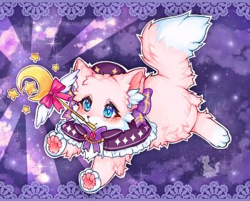 Rule 34 | 1other, animal, animal focus, blue eyes, cat, catousel, crescent, fluffy, highres, moon stick, no humans, pink ribbon, purple background, purple ribbon, ribbon, running, star (symbol)