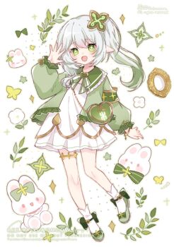Rule 34 | 1girl, alternate costume, artist name, blush, bow, bracelet, dress, genshin impact, green bow, green eyes, green footwear, green hair, green jacket, hair between eyes, hair ornament, hashtag-only commentary, highres, jacket, jewelry, long hair, long sleeves, looking at viewer, multicolored hair, nahida (genshin impact), open clothes, open jacket, open mouth, pointy ears, solo, streaked hair, stuffed animal, stuffed rabbit, stuffed toy, symbol-shaped pupils, white background, white dress, white hair, yukomeow