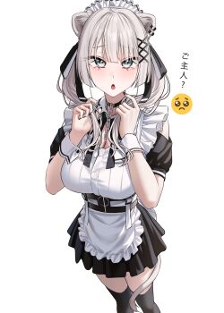 Rule 34 | 1girl, absurdres, ahoge, animal ear piercing, animal ears, apron, black collar, black dress, black ribbon, black thighhighs, breasts, cleavage, cleavage cutout, clothing cutout, collar, commentary request, dress, emoji, grey eyes, grey hair, hair ribbon, hands up, highres, holding, holding own hair, hololive, large breasts, lion ears, lion girl, lion tail, long hair, looking at viewer, maid, maid apron, maid headdress, open mouth, pleading face emoji, ribbon, shishiro botan, short sleeves, shoulder cutout, simple background, solo, tail, tail around own leg, thighhighs, translation request, twintails, virtual youtuber, wanne, white apron, white background, white wrist cuffs, wrist cuffs