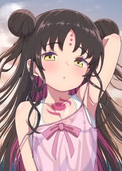 1girl babydoll bare_shoulders black_hair breasts chest_tattoo covered_erect_nipples double_bun dress_swimsuit facial_mark fate/grand_order fate_(series) forehead_mark full_body hair_bun highres loli long_hair multicolored_hair parted_bangs pink_babydoll pink_hair sessyoin_kiara sessyoin_kiara_(lily) small_breasts solo streaked_hair sushi_no_ikari tattoo very_long_hair wavy_hair yellow_eyes