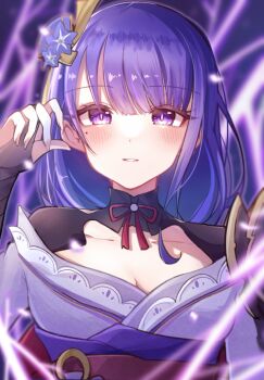 Rule 34 | 1girl, armor, blurry, blurry background, blush, breasts, cleavage, collarbone, commentary, electricity, genshin impact, hair ornament, hand up, highres, japanese clothes, kimono, looking at viewer, mole, mole under eye, multicolored hair, neck ribbon, purple background, purple eyes, purple hair, purple kimono, raiden shogun, red ribbon, red sash, ribbon, sash, shoulder armor, solo, streaked hair, tatara 1121