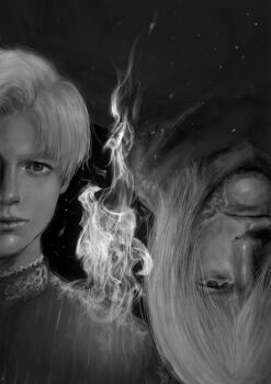 Rule 34 | 2boys, black background, chi.: chikyuu no undou ni tsuite, closed mouth, commentary, fire, greyscale, highres, hubert (chi.), jacket, k05062688, lips, looking at viewer, male focus, medium hair, monochrome, multiple boys, nose, rafal (chi.), scar, scar on face, short hair, untranslatable commentary, upper body, upside-down
