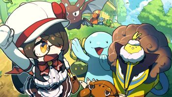 1girl arm_up black_hair black_skirt bow bowtie building center_frills character_request commentary_request elbow_gloves freckles frills gen_2_pokemon gen_4_pokemon glasses gloves hair_over_one_eye hat highres indie_virtual_youtuber itou_life_(vtuber) leaf long_hair nintendo open_mouth pokemon pokemon_(creature) quagsire red_bow red_bowtie skirt tree turtwig virtual_youtuber white_gloves white_hat wrbs yellow_eyes