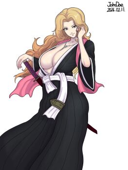 Rule 34 | 1girl, artist name, badge, bleach, blonde hair, blue eyes, breasts, chain, chain necklace, collarbone, dated, female focus, fukutaichou badge, jewelry, johndoe drawing, large breasts, looking at viewer, matsumoto rangiku, mole, mole under mouth, necklace, pink shawl, shawl, shihakusho, solo, solo focus, standing, sword, weapon, wide sleeves, zanpakutou