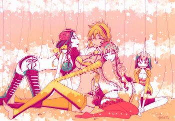Rule 34 | 4girls, all fours, arrancar, back-to-back, bleach, blonde hair, cyan sung-sun, emilou apacci, facial mark, flower, franceska mila rose, hair flower, hair ornament, hanaco (hanacoto-ba), horns, long hair, multiple girls, panties, short hair, single horn, sitting, smile, smirk, thighhighs, tier harribel, underwear