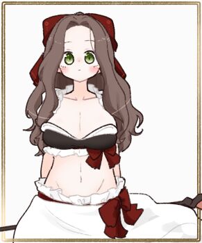 1girl blush bow breasts brown_hair cleavage closed_mouth collarbone commentary cowboy_shot forehead frilled_shirt frills green_eyes hair_bow holding holding_behind_back holding_weapon_behind_back inset_border large_breasts long_hair looking_at_viewer mage_staff navel olto_rondo original red_bow shirt simple_background skirt solo staff stomach straight-on symbol-only_commentary white_background white_shirt white_skirt