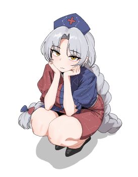 Rule 34 | 1girl, :3, black shoes, blue hat, braid, cocktiel77, commentary request, constellation, constellation print, cross, dress, full body, grey hair, hat, head rest, korean commentary, long hair, looking at viewer, nurse cap, red cross, shoes, solo, squatting, touhou, twin braids, very long hair, yagokoro eirin, yellow eyes