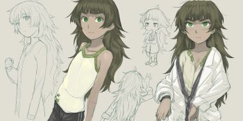 1girl black_shorts blunt_bangs blush collar dress flat_chest frown green_collar green_eyes green_hair green_trim highres hiyajou_maho lab_coat long_hair menomorute messy_hair multiple_costumes open_collar science_adventure shorts simple_background solo steins;gate steins;gate_0 tank_top undressing very_long_hair
